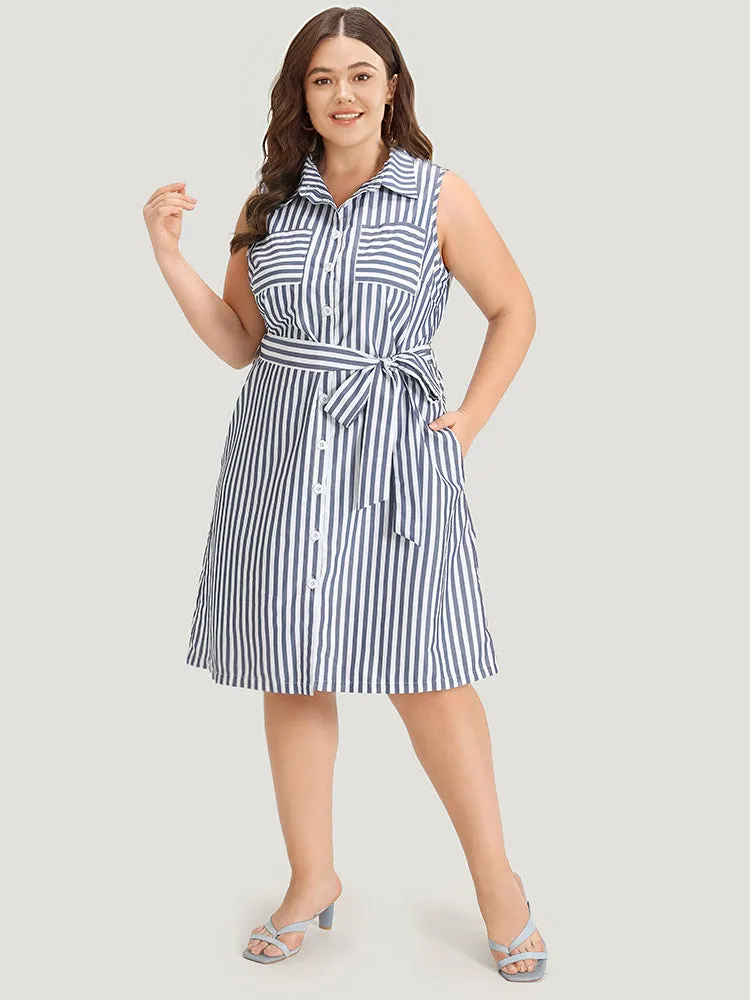 Striped Shirt Collar Button Through Belted Sleeveless Dress sold by Bloomchic