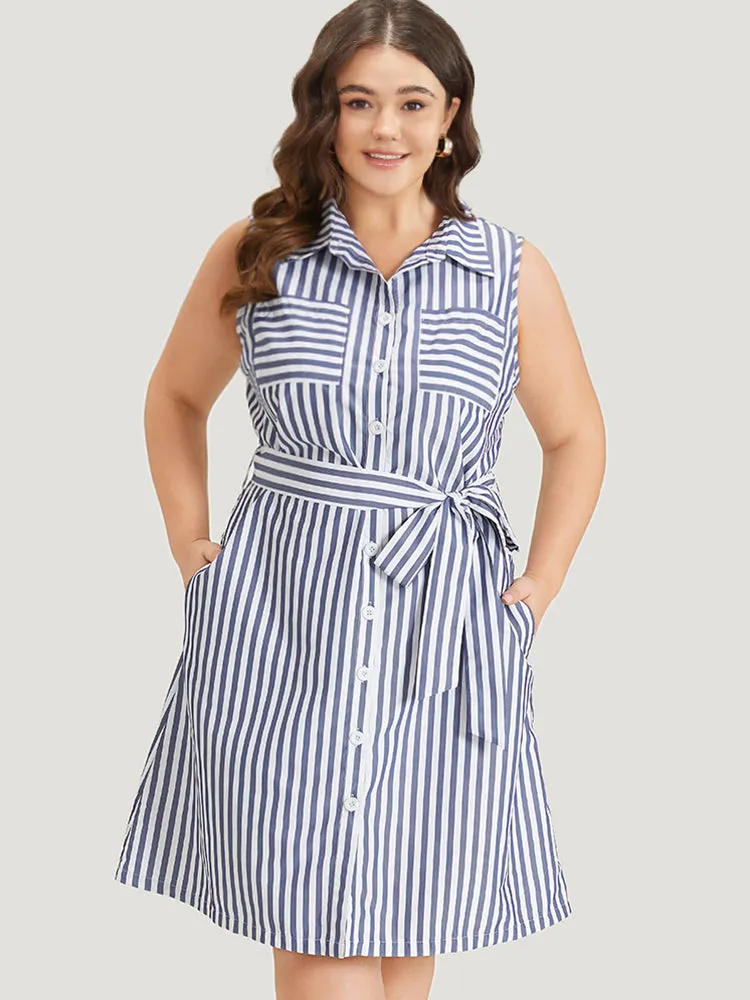 Striped Shirt Collar Button Through Belted Sleeveless Dress sold by Bloomchic product image thumbnail 2