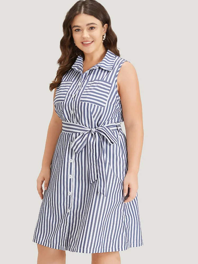 Striped Shirt Collar Button Through Belted Sleeveless Dress sold by Bloomchic product image thumbnail 3