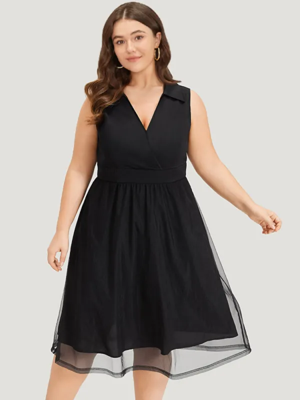 Shirt Collar Pocket Mesh Elastic Waist Sleeveless Dress sold by Bloomchic