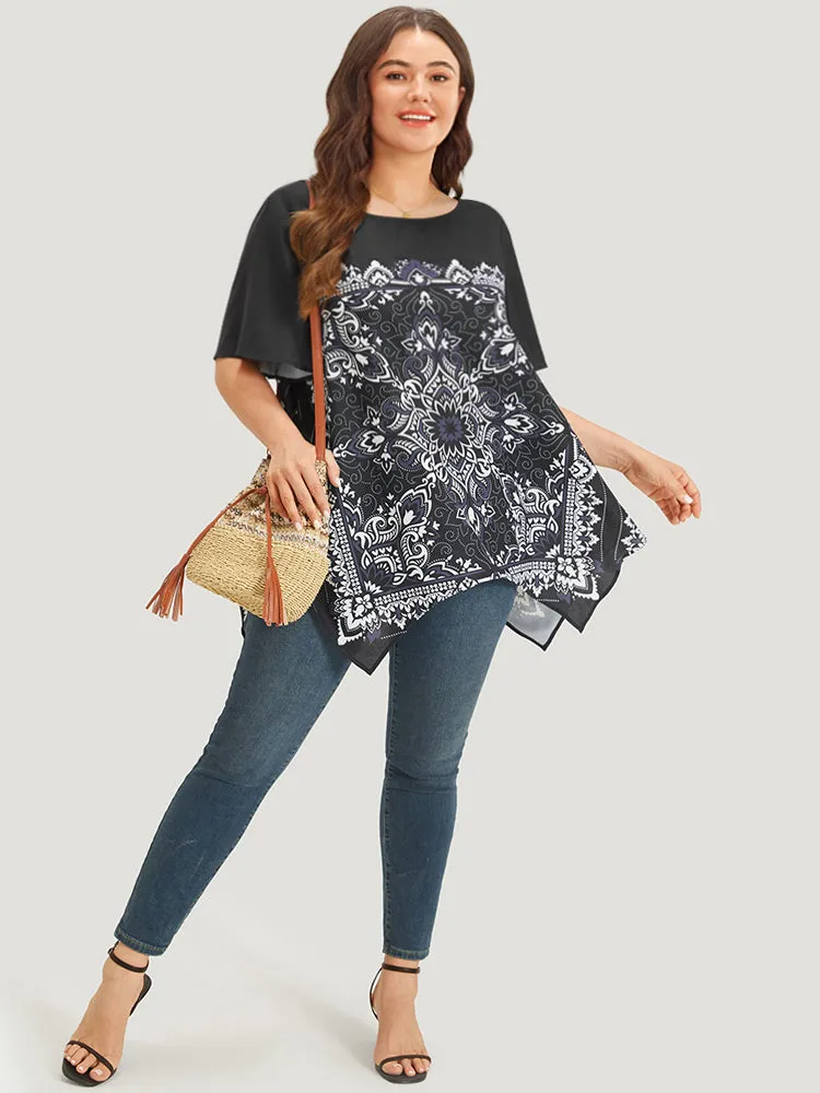 Boho Print Crew Neck Flutter Sleeve Hanky Hem Blouse sold by Bloomchic product image thumbnail 4