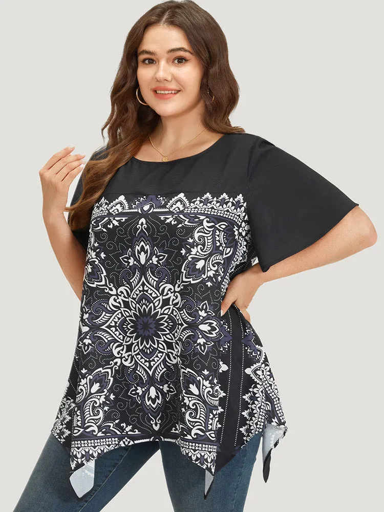 Boho Print Crew Neck Flutter Sleeve Hanky Hem Blouse sold by Bloomchic product image thumbnail 2