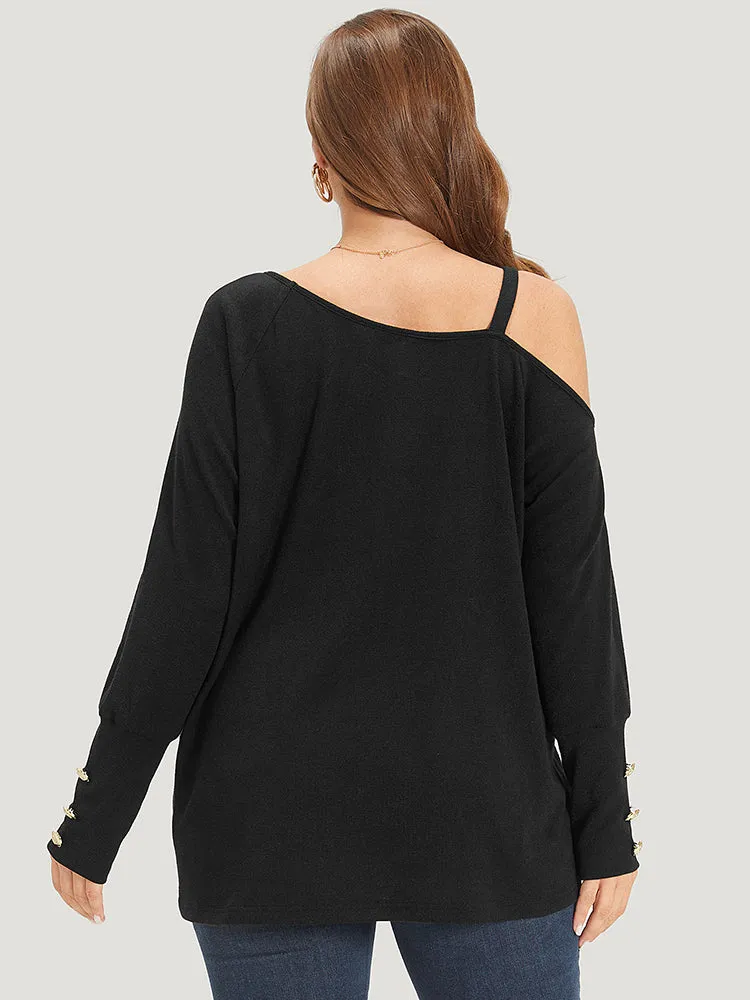 Plain One Shoulder Button Metal Detail Sweatshirt sold by Bloomchic product image thumbnail 2