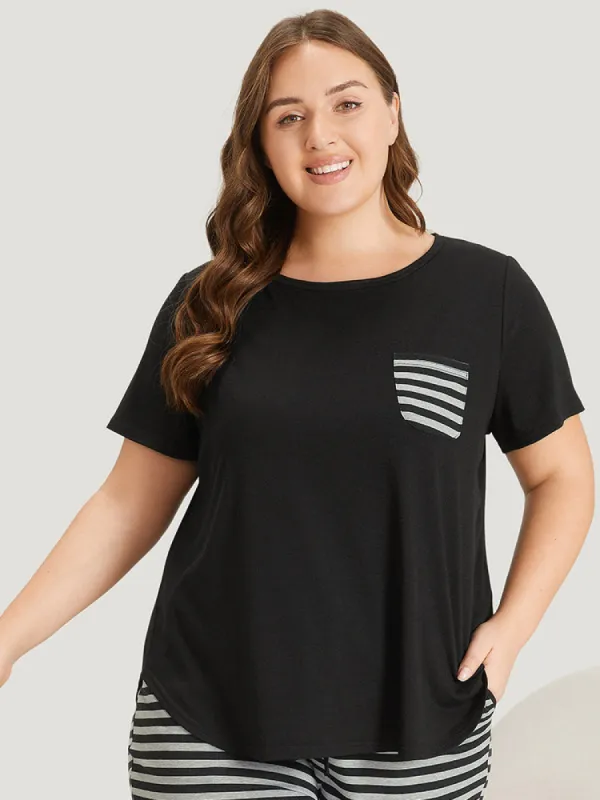 Striped Patchwork Patched Pocket Arc Hem Sleep Top sold by Bloomchic