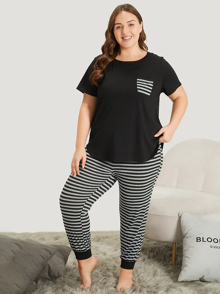 Striped Patchwork Patched Pocket Arc Hem Sleep Top sold by Bloomchic product image thumbnail 2