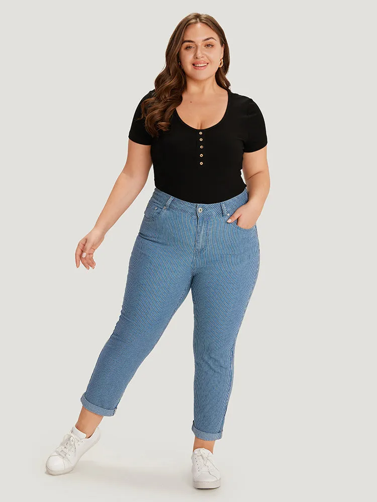 Striped Print Roll Hem Zipper Fly Jeans sold by Bloomchic product image thumbnail 3