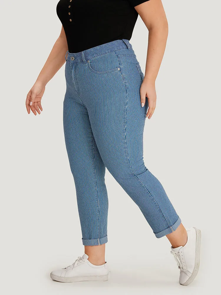 Striped Print Roll Hem Zipper Fly Jeans sold by Bloomchic product image thumbnail 5