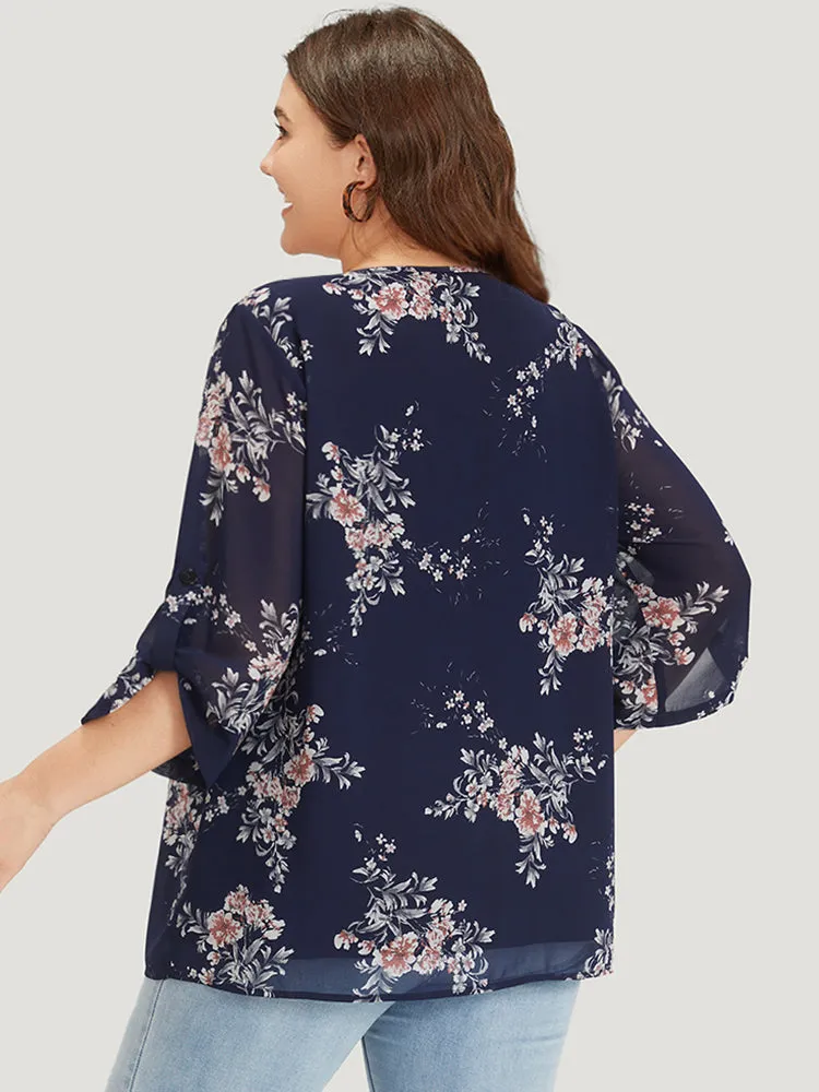 Floral Print Knot Neck Mesh Tab Sleeve Blouse sold by Bloomchic product image thumbnail 4