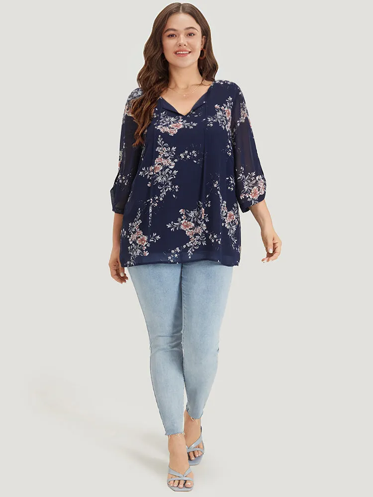 Floral Print Knot Neck Mesh Tab Sleeve Blouse sold by Bloomchic product image thumbnail 3
