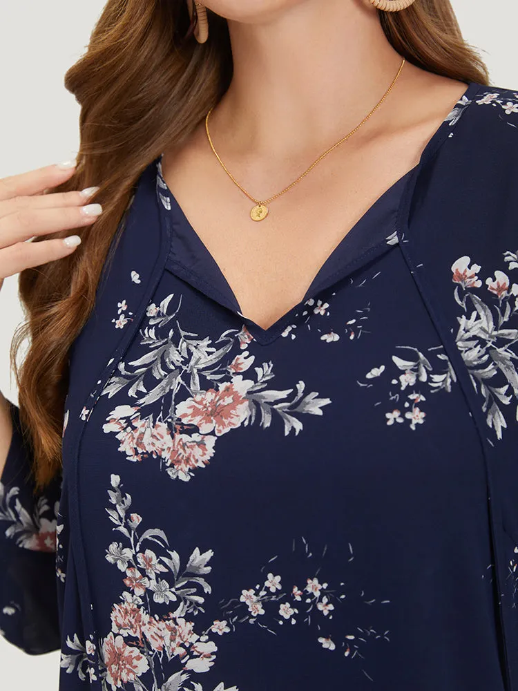 Floral Print Knot Neck Mesh Tab Sleeve Blouse sold by Bloomchic product image thumbnail 5