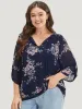Floral Print Knot Neck Mesh Tab Sleeve Blouse sold by Bloomchic