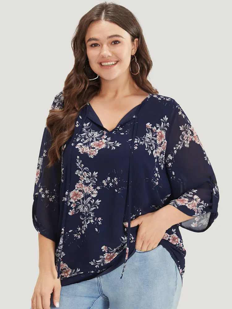 Floral Print Knot Neck Mesh Tab Sleeve Blouse sold by Bloomchic product image thumbnail 2