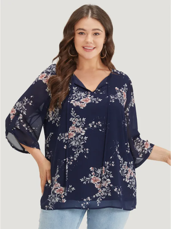 Floral Print Knot Neck Mesh Tab Sleeve Blouse sold by Bloomchic