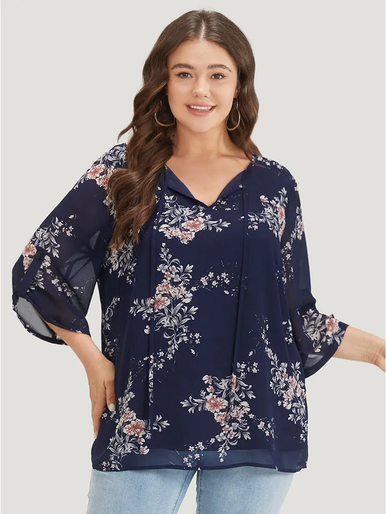 Floral Print Knot Neck Mesh Tab Sleeve Blouse sold by Bloomchic