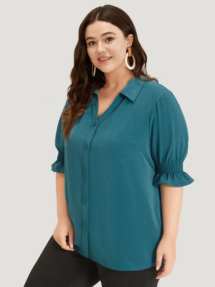 Plain Shirt Collar Shirred Button Up Ruffled Trim Blouse sold by Bloomchic product image thumbnail 3