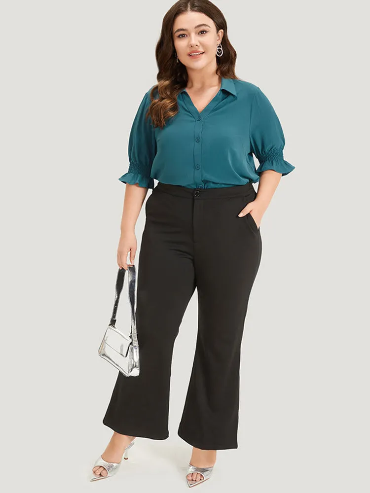 Plain Shirt Collar Shirred Button Up Ruffled Trim Blouse sold by Bloomchic product image thumbnail 4