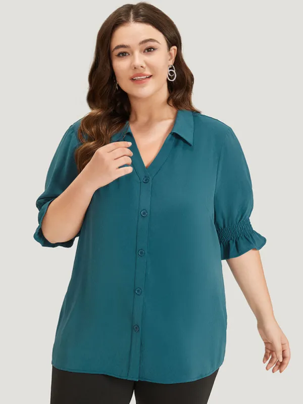 Plain Shirt Collar Shirred Button Up Ruffled Trim Blouse sold by Bloomchic