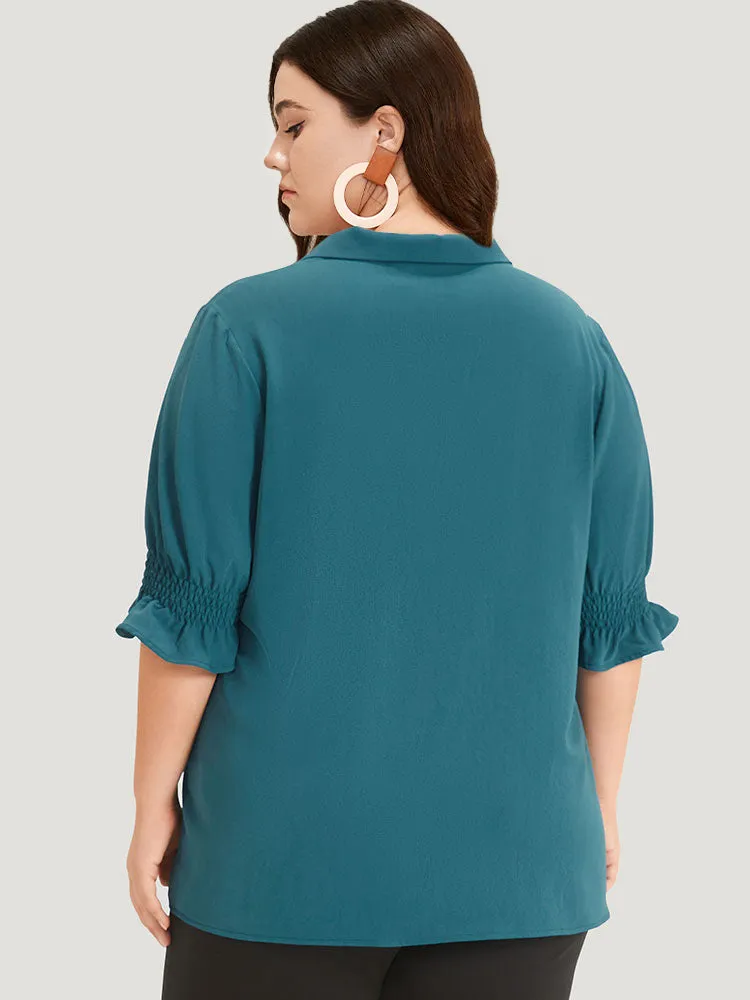 Plain Shirt Collar Shirred Button Up Ruffled Trim Blouse sold by Bloomchic product image thumbnail 5