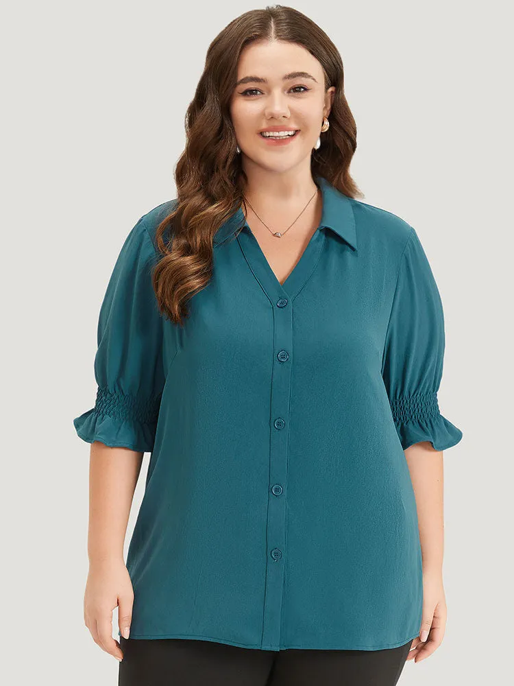 Plain Shirt Collar Shirred Button Up Ruffled Trim Blouse sold by Bloomchic product image thumbnail 2