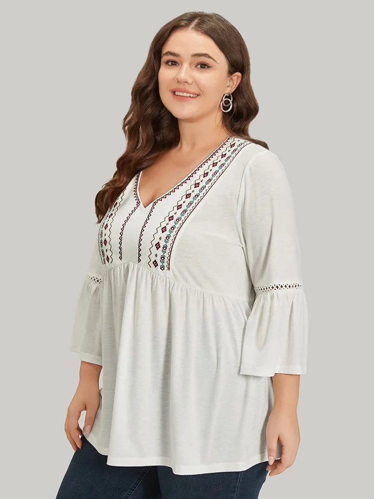 Boho Print Embroidered V Neck Gathered Bell Sleeve T-shirt sold by Bloomchic product image thumbnail 3