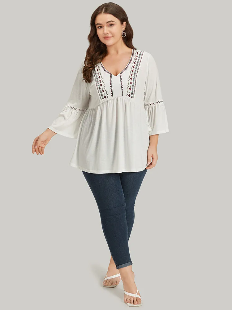 Boho Print Embroidered V Neck Gathered Bell Sleeve T-shirt sold by Bloomchic product image thumbnail 4