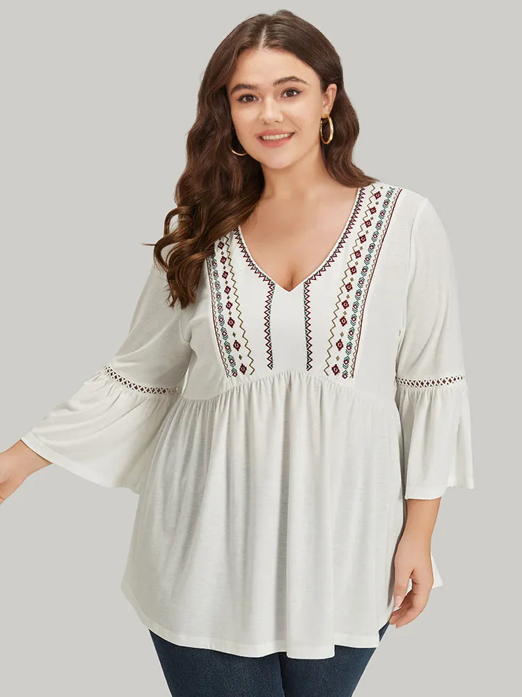 Boho Print Embroidered V Neck Gathered Bell Sleeve T-shirt sold by Bloomchic