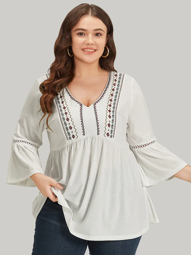 Boho Print Embroidered V Neck Gathered Bell Sleeve T-shirt sold by Bloomchic product image thumbnail 5