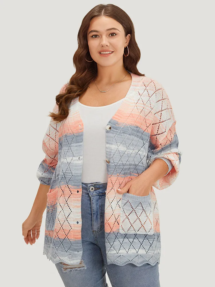 Ombre Pocket Scalloped Trim Button Down Cardigan sold by Bloomchic