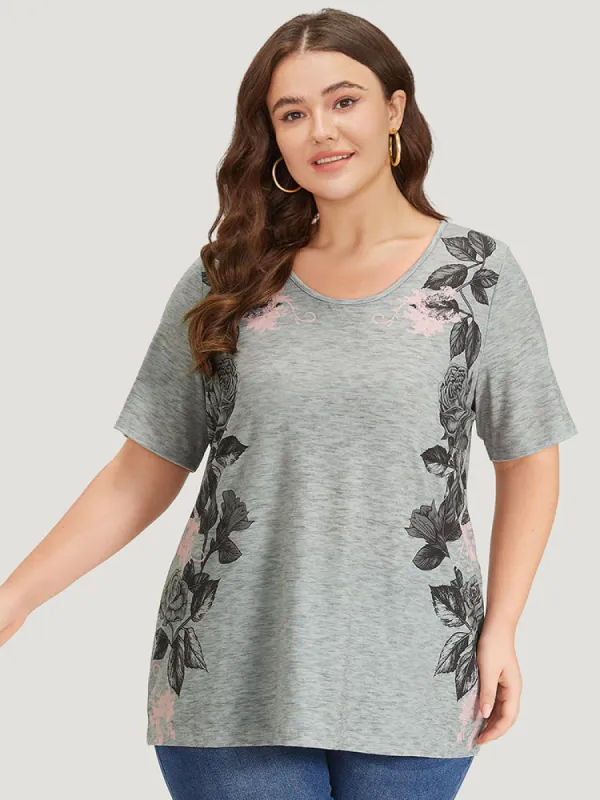 Floral Print Contrast Crew Neck T-shirt sold by Bloomchic