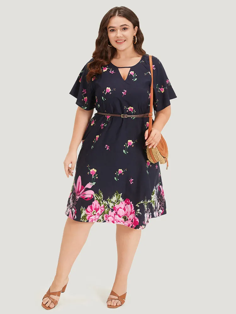 Floral Print Keyhole Raglan Sleeve Ruffle Dress sold by Bloomchic product image thumbnail 2