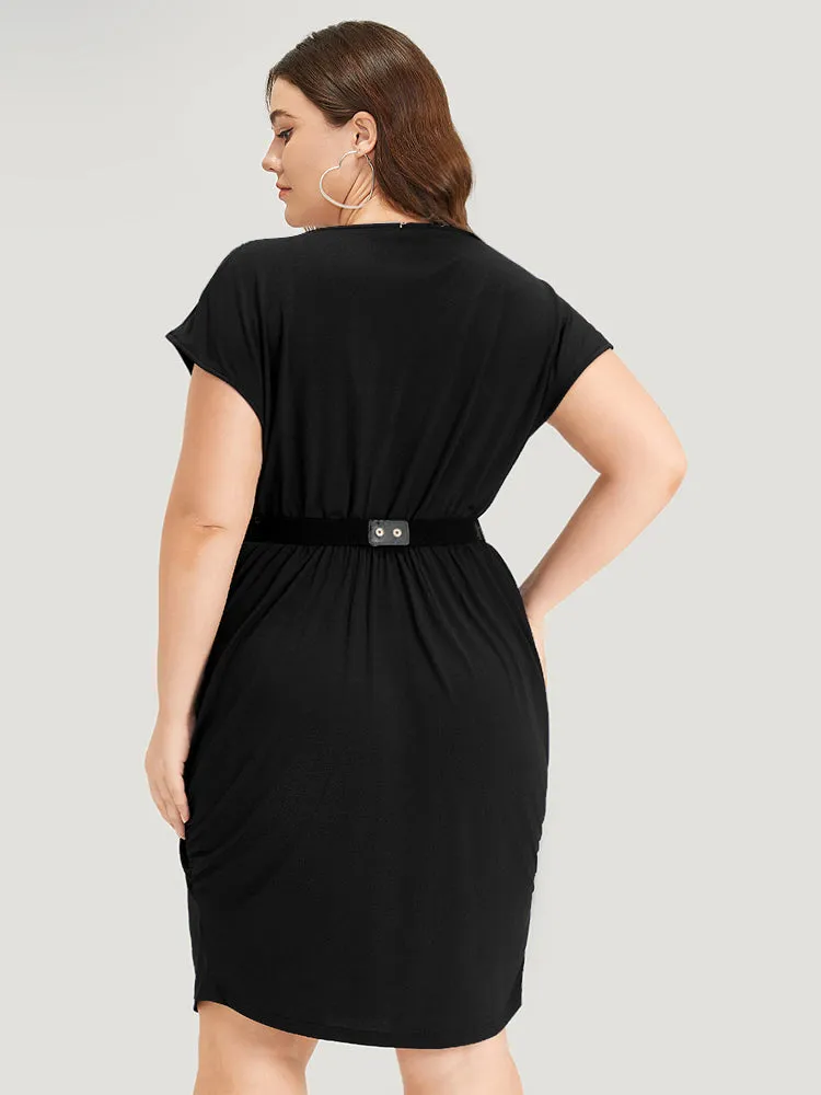 Plain Wrap Gathered Curved Hem Metal Detail Belted Dress sold by Bloomchic product image thumbnail 2