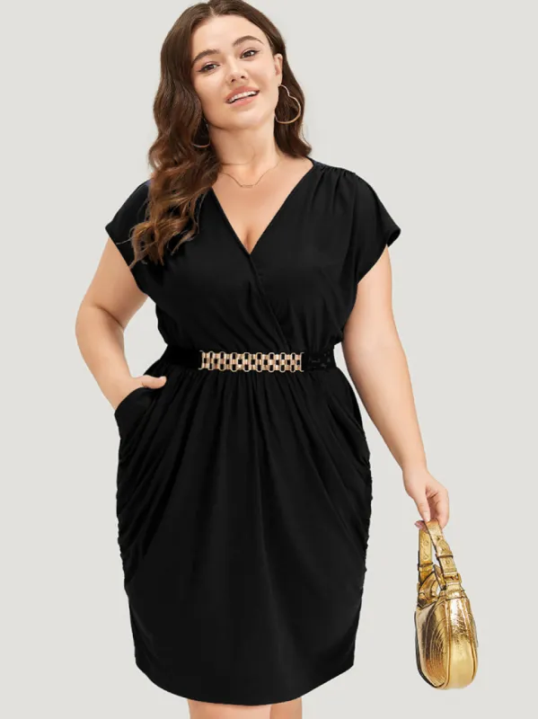 Plain Wrap Gathered Curved Hem Metal Detail Belted Dress sold by Bloomchic