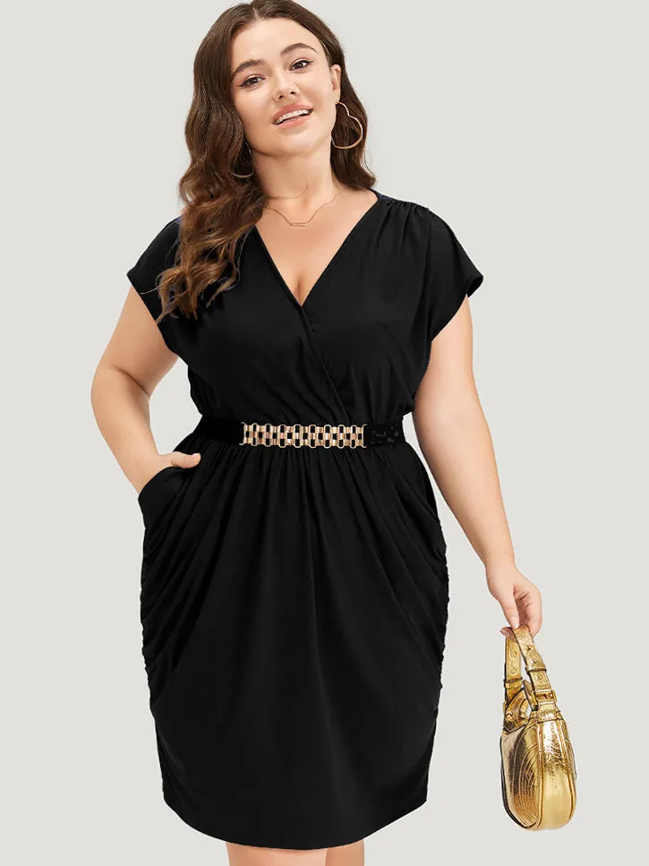 Plain Wrap Gathered Curved Hem Metal Detail Belted Dress sold by Bloomchic