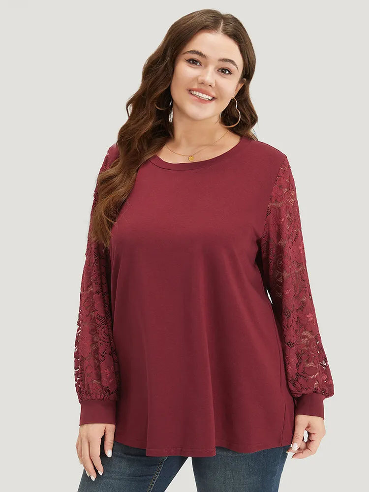 Solid Crochet Lace Mesh Round Neck Sweatshirt sold by Bloomchic