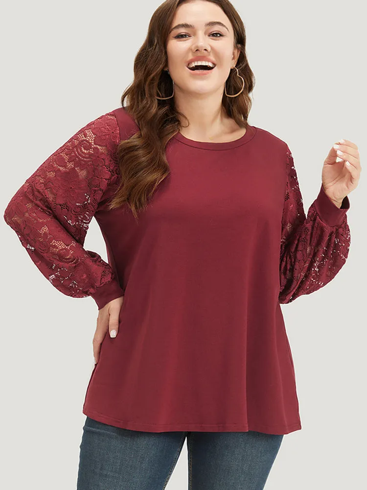 Solid Crochet Lace Mesh Round Neck Sweatshirt sold by Bloomchic product image thumbnail 4