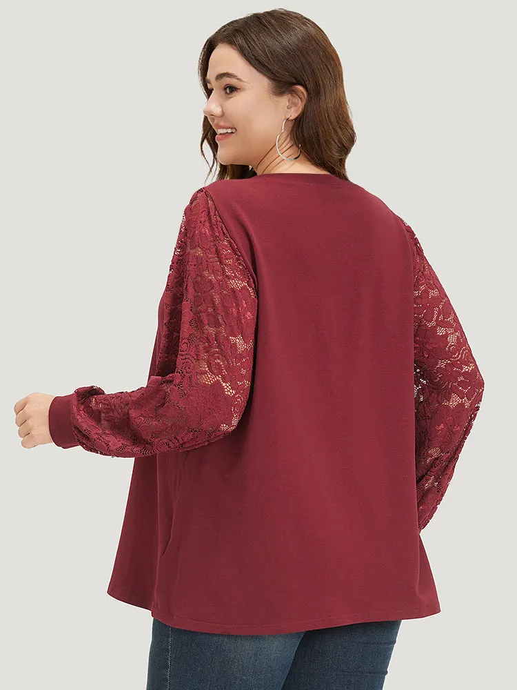 Solid Crochet Lace Mesh Round Neck Sweatshirt sold by Bloomchic product image thumbnail 2