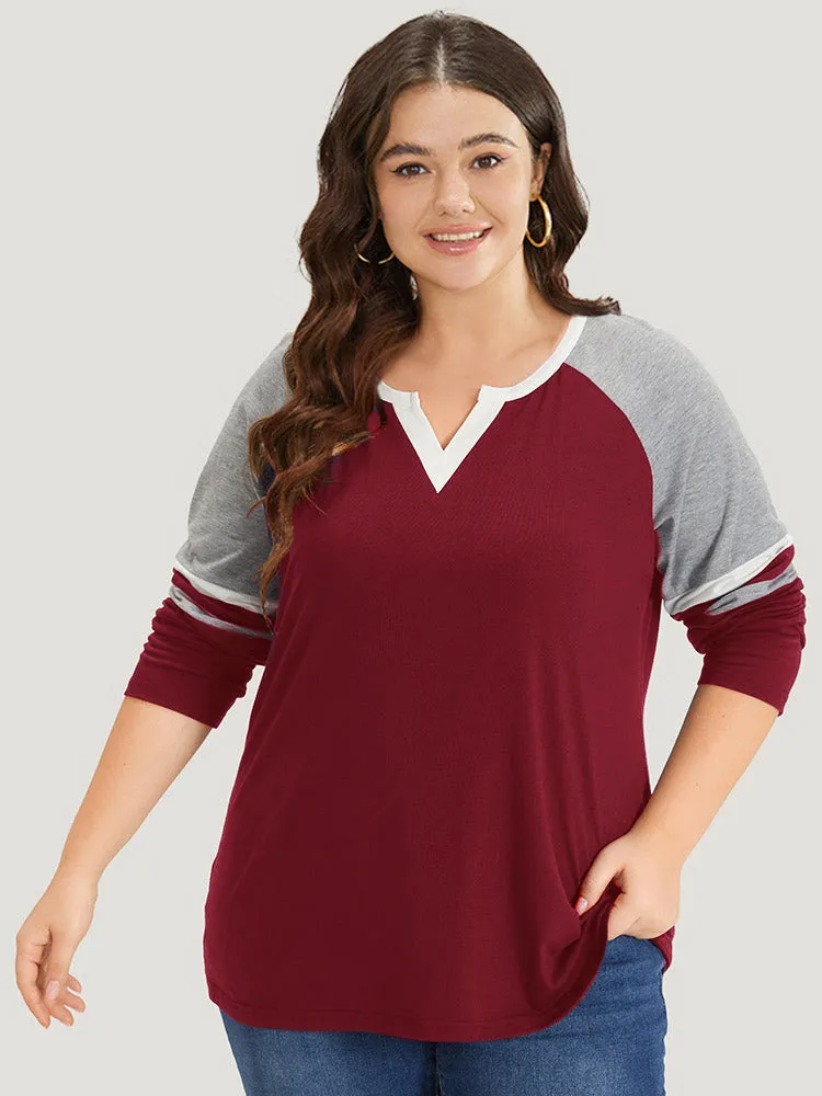 Colorblock Contrast Notched Patchwork Raglan Sleeve T-shirt sold by Bloomchic product image thumbnail 2