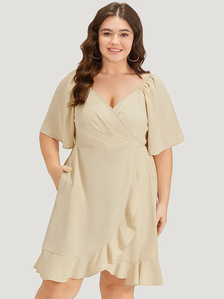 Plain Ruffle Trim Pocket Elastic Waist Wrap Hem Dress sold by Bloomchic