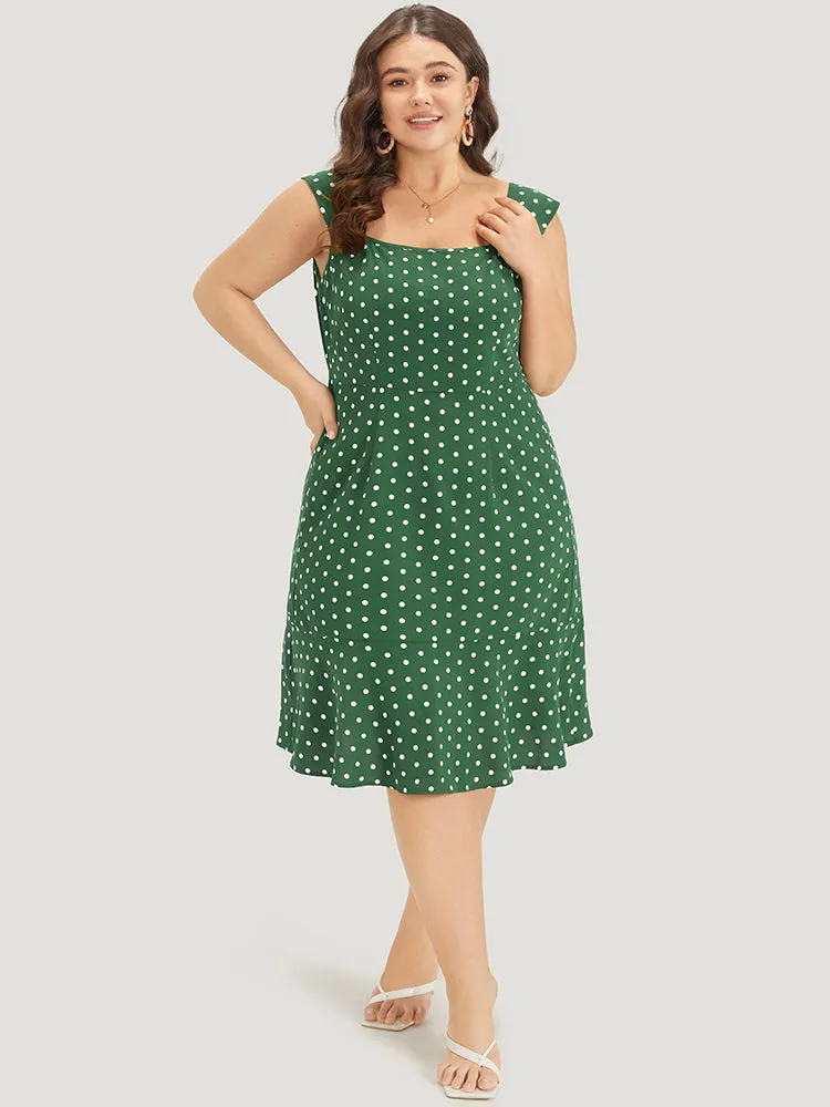 Polka Dot Ruffle Hem Pocket Square Neck Sleeveless Dress sold by Bloomchic