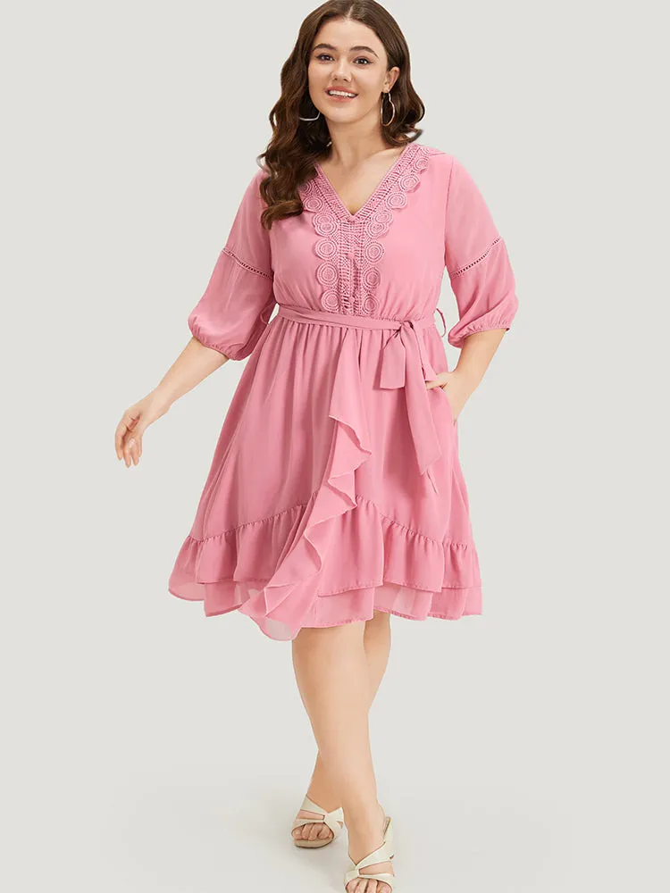 Lace Panel Ruffle Trim Belted Lantern Sleeve Dress sold by Bloomchic