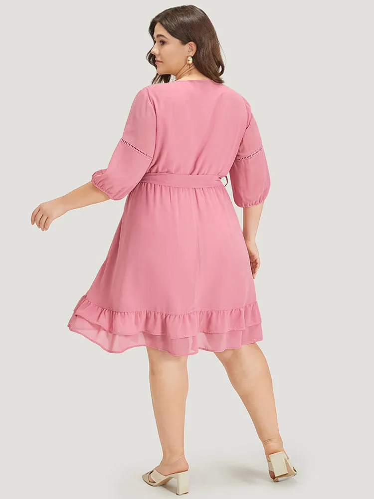 Lace Panel Ruffle Trim Belted Lantern Sleeve Dress sold by Bloomchic product image thumbnail 2
