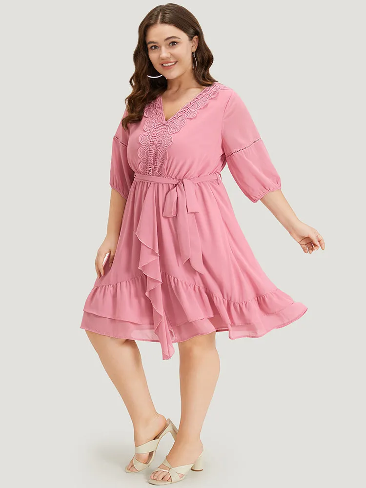 Lace Panel Ruffle Trim Belted Lantern Sleeve Dress sold by Bloomchic product image thumbnail 3