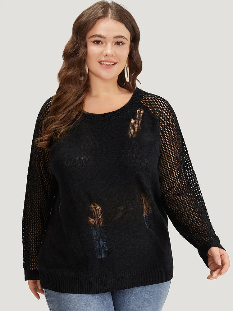 Hollow Out Patchwork Raglan Sleeve Ripped Pullover sold by Bloomchic product image thumbnail 4