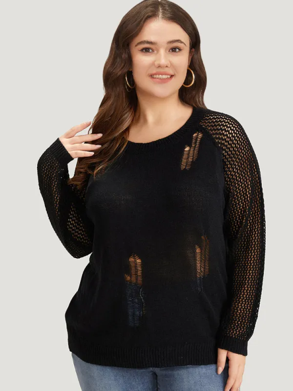 Hollow Out Patchwork Raglan Sleeve Ripped Pullover sold by Bloomchic