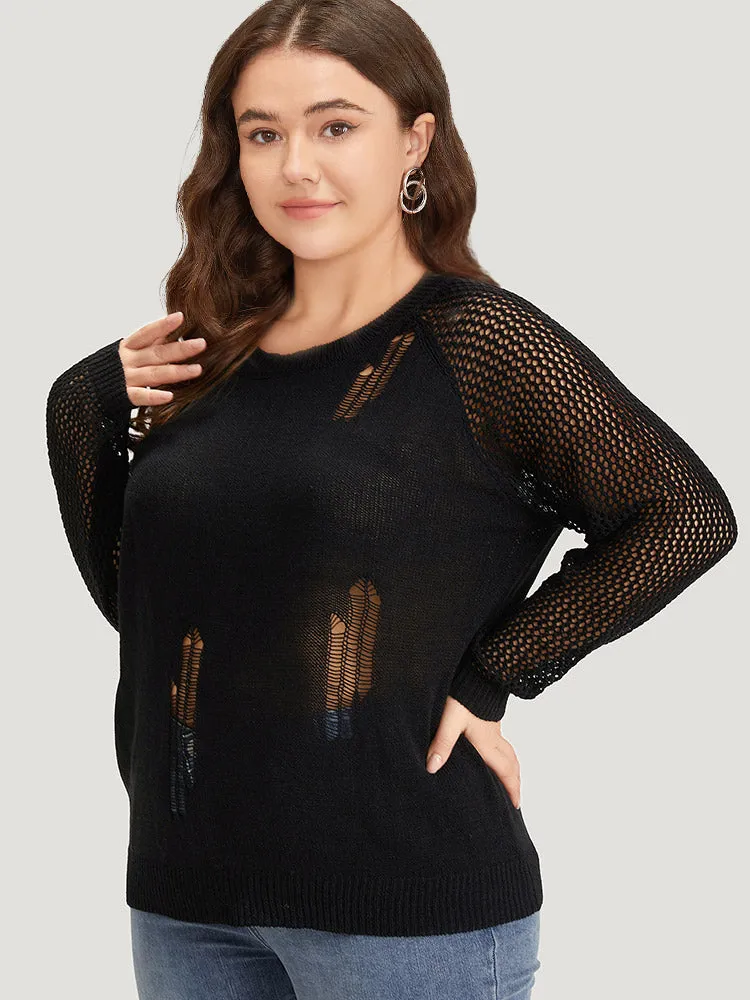 Hollow Out Patchwork Raglan Sleeve Ripped Pullover sold by Bloomchic product image thumbnail 5