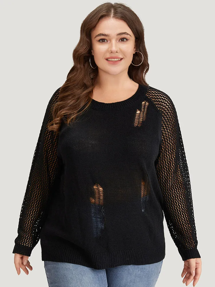 Hollow Out Patchwork Raglan Sleeve Ripped Pullover sold by Bloomchic product image thumbnail 3