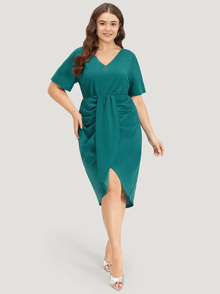 Plain Ruched Zipper Curved Wrap Hem Dress sold by Bloomchic product image thumbnail 4