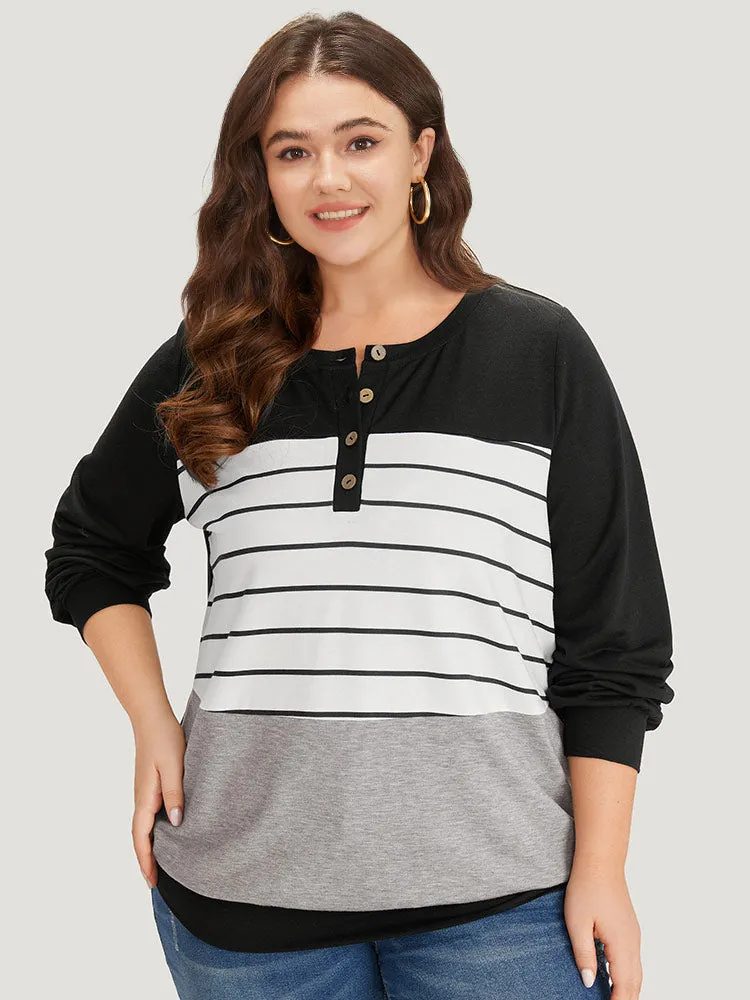 Striped Contrast Button Up Elastic cuffs Sweatshirt sold by Bloomchic