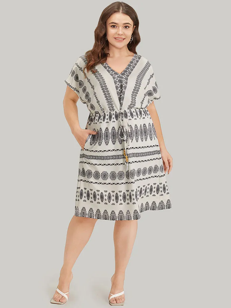 Boho Print V Neck Dolman Sleeve Drawstring Dress sold by Bloomchic product image thumbnail 4
