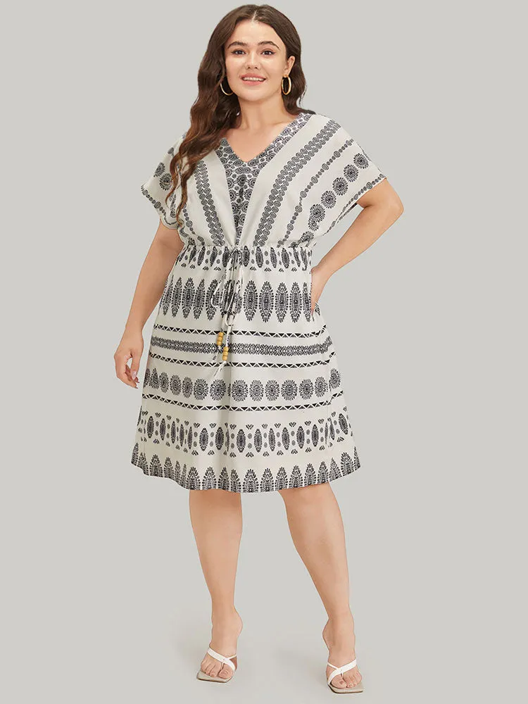 Boho Print V Neck Dolman Sleeve Drawstring Dress sold by Bloomchic